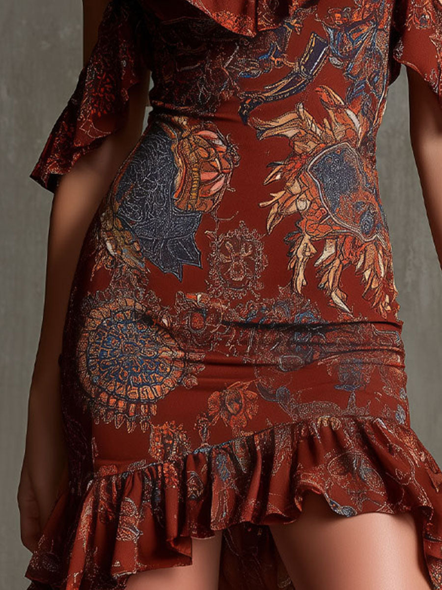 Mini-robe Bohémienne Ember à volants, épaules dénudées