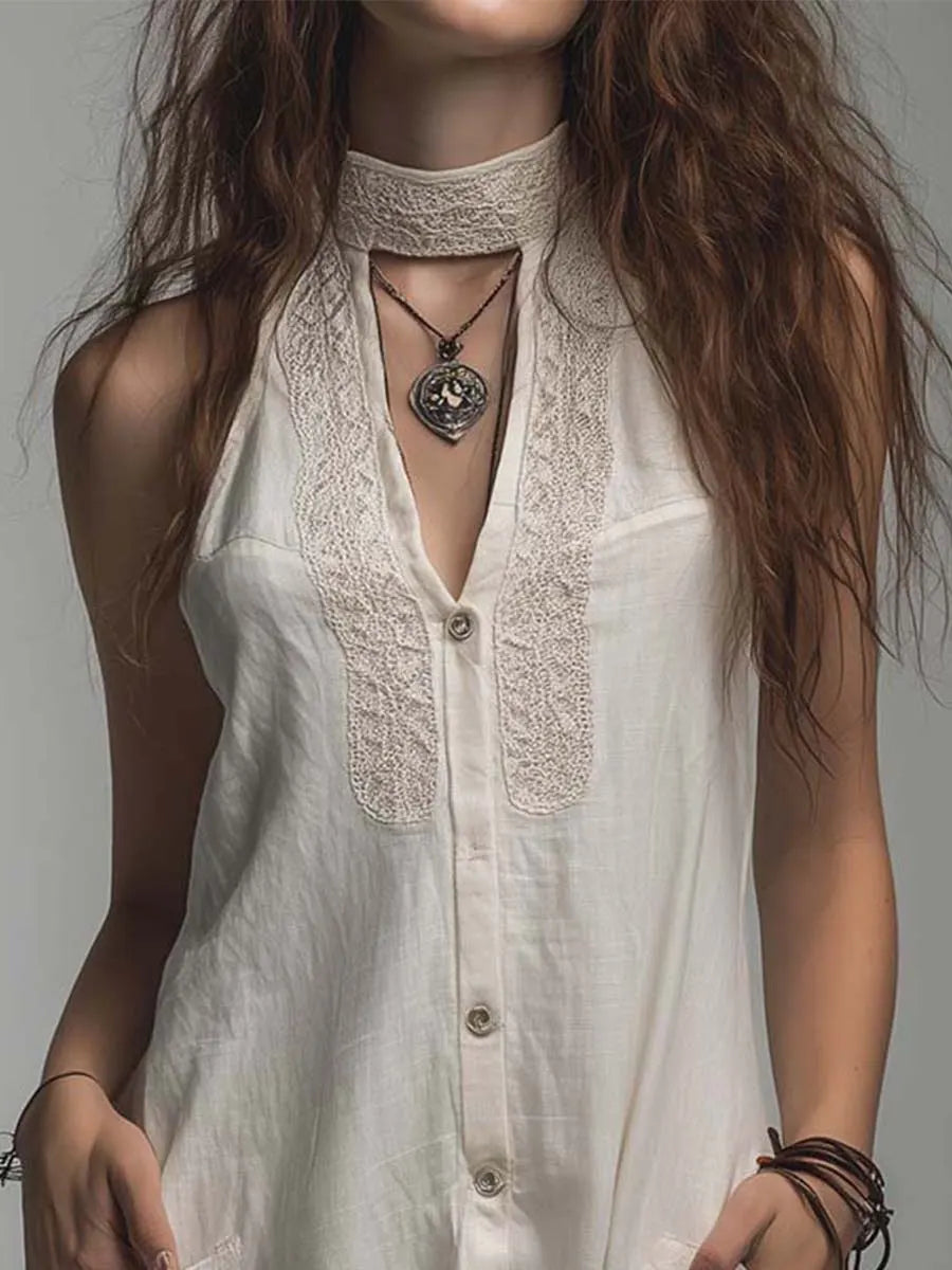 Robe tunique brodée dos nu en mélange lin-coton écru