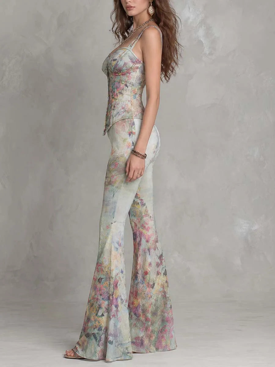 Ensemble deux pièces caraco style corset à imprimé floral aquarelle et pantalon évasé taille haute