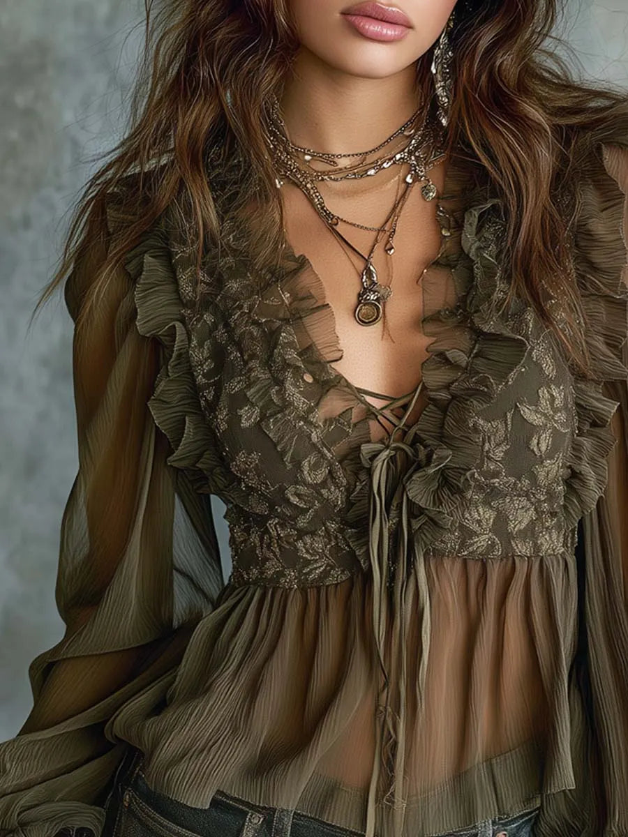Camicetta in chiffon trasparente ricamata a balze in stile vintage