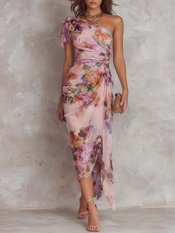 Vestido Midi Chiffon Floral Vintage Elegante de Um Ombro Só