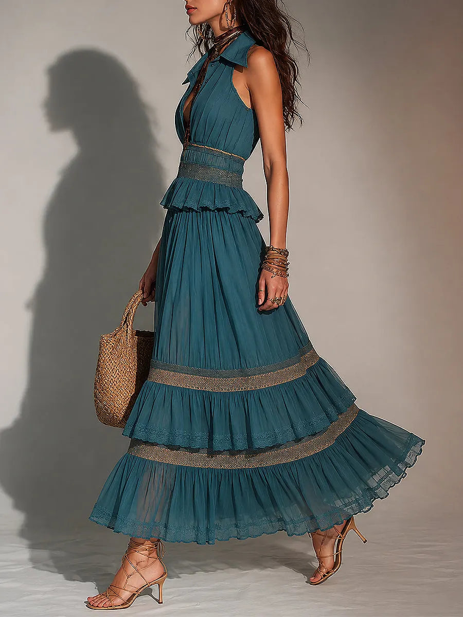 Retro Shirt-Collar Sleeveless Pleated Maxi Dress With Lace Trim