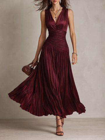 Vestido longo plissado de cetim listrado vintage