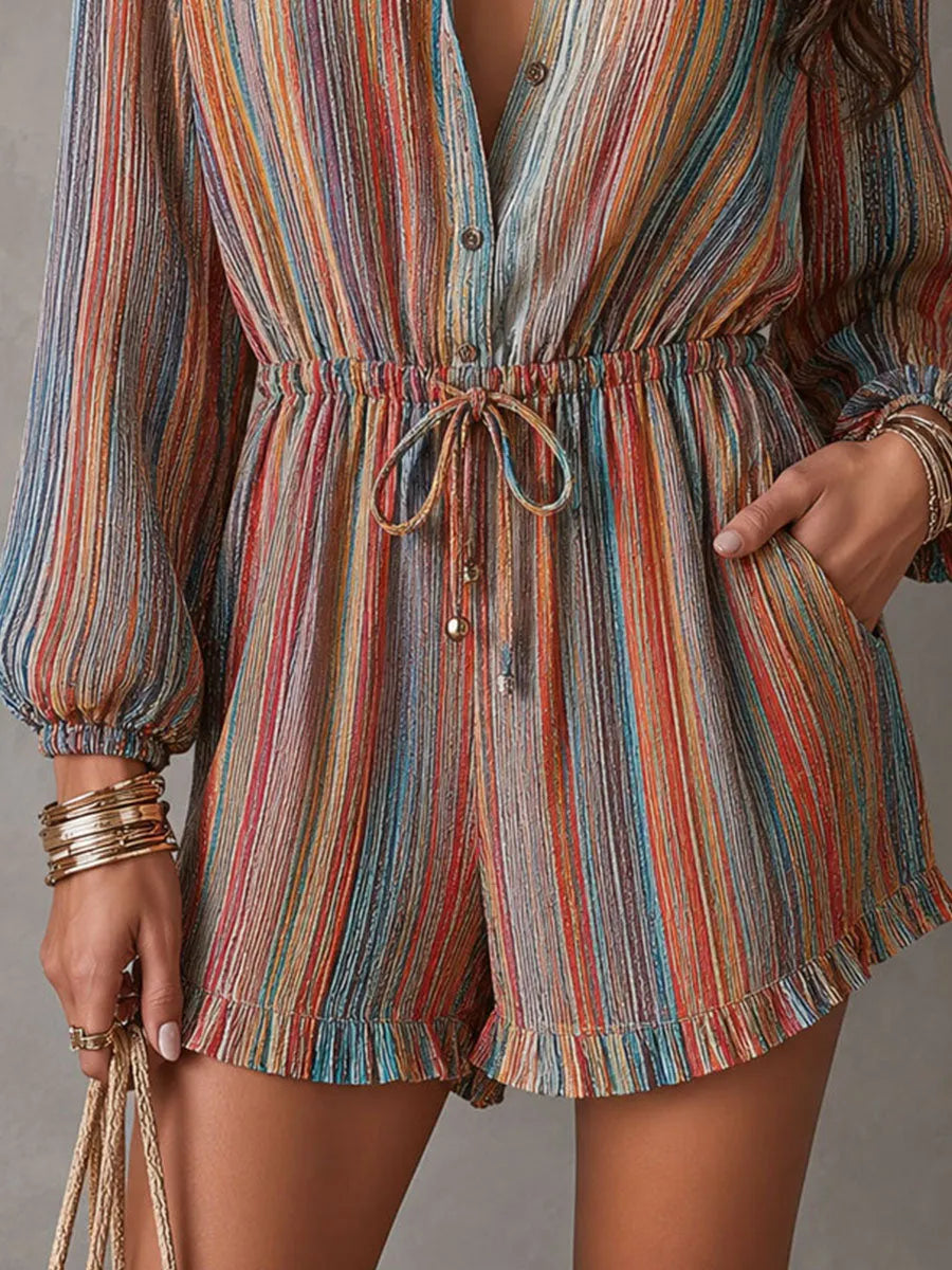 Combinaison courte en mélange coton-lin avec cordon de serrage à la taille, motif rayures et arc-en-ciel bohème