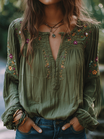 Camisa Bohe Verde Oliva de Algodão com Bordado Floral