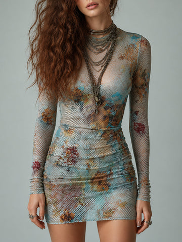 Minivestido Manga Longa Justo Estampado Retrô de Tela