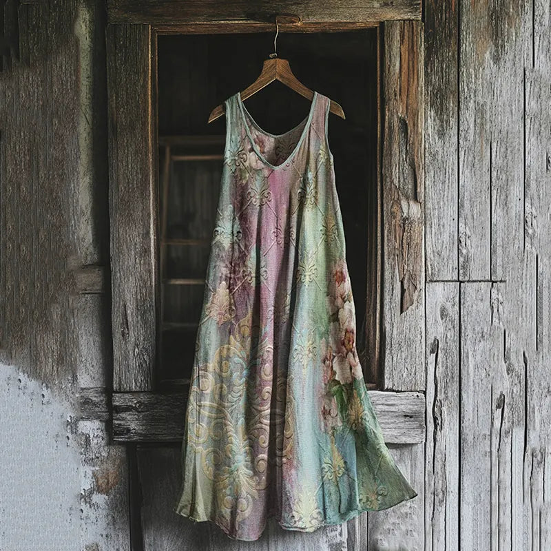Robe midi débardeur en mélange de lin à motif floral vintage d447