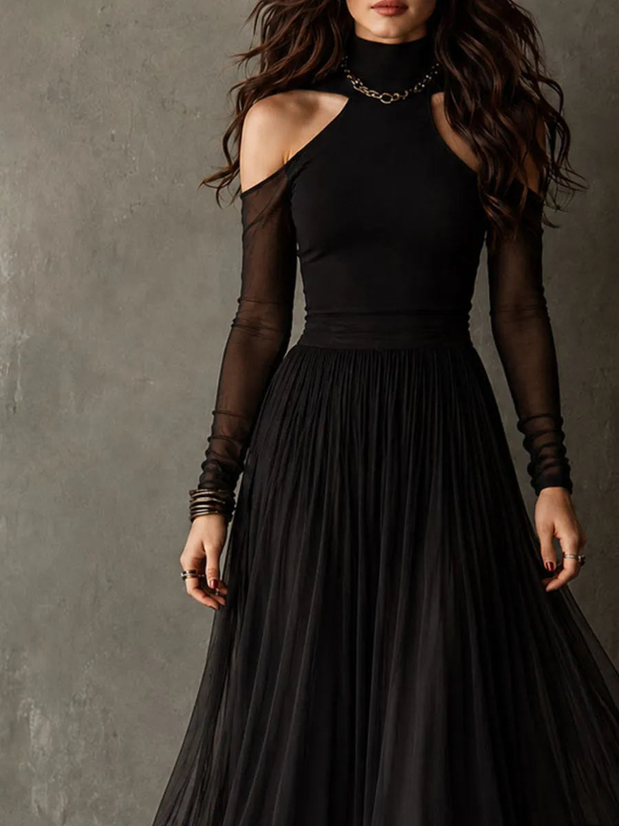 Robe longue plissée noire élégante rétro à manches en maille