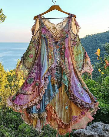 Vestido d646 Verão Irregular Renda Retalhos Miçangas Babados