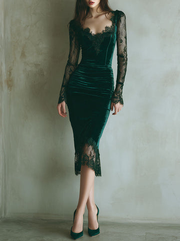 Vestido Midi Elegante em Renda Manga Longa Veludo Verde