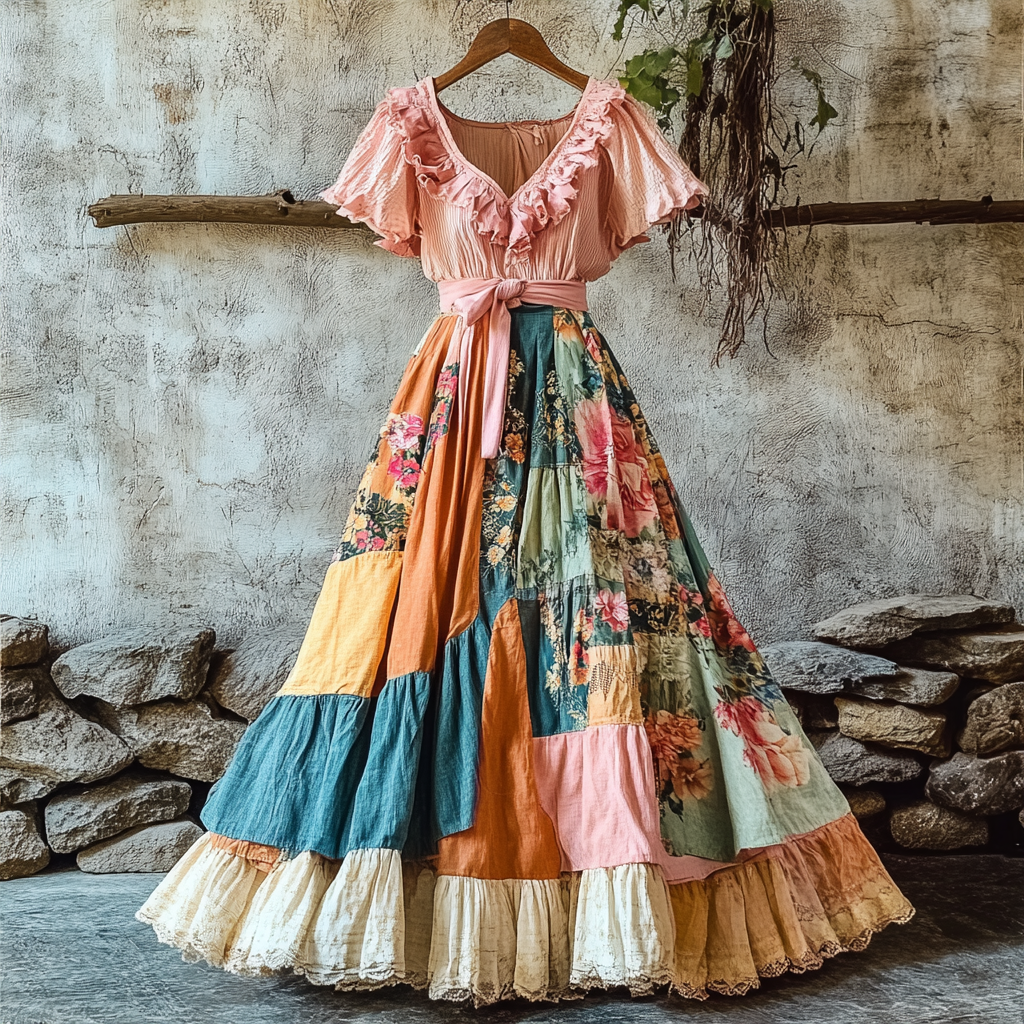Vestido Feminino Elegante Boho Floral com Babados 901c