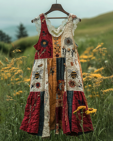 Vestido Bordado Patchwork de Abelha Floral de Verão f5d9