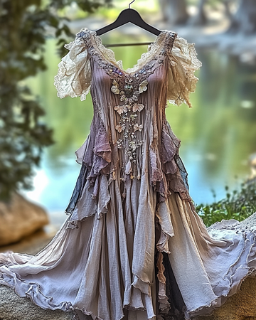 Vestido de Verão Irregular com Renda, Patchwork, Bordado e Babados c473