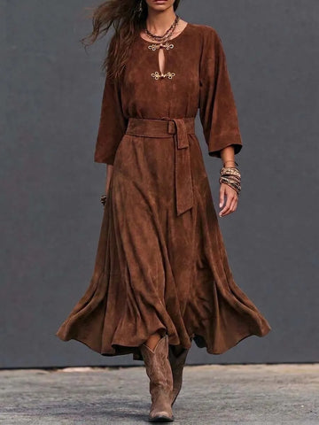 Vestido Maxi Boho Marrom com Zíper Frontal e Cinto