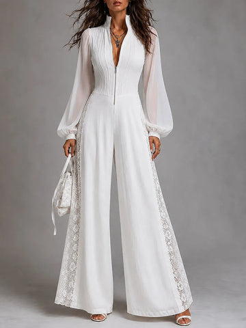 Boho Stand Collar Lace Trim Wide-leg Jumpsuit With Front Zipper