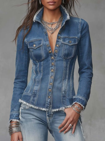 Jaqueta Camisa Jeans Clássica Retrô Justa com Botões na Frente e Barras Desfiadas