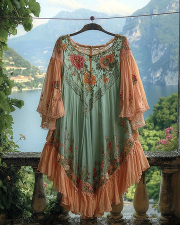 Vestido Kaftan Chiffon com Renda e Babado Férias de Verão 61f7
