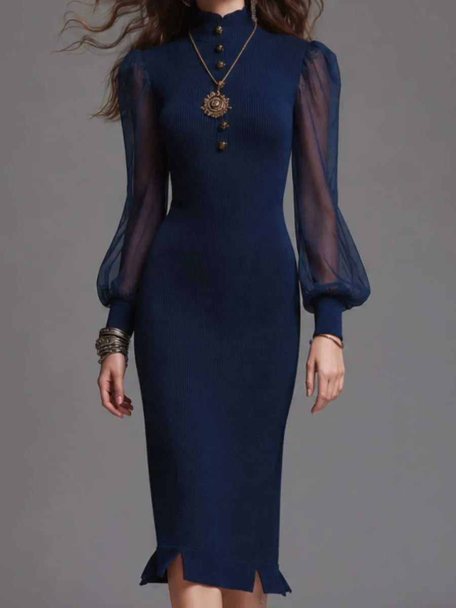High Neck Half Button Contrast Sheer Chiffon Puff Sleeve Ruffle Hem Ribbed Knit Midi Dress
