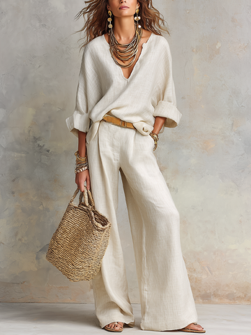 Ensemble de vêtements de villégiature amples en lin naturel blanc cassé