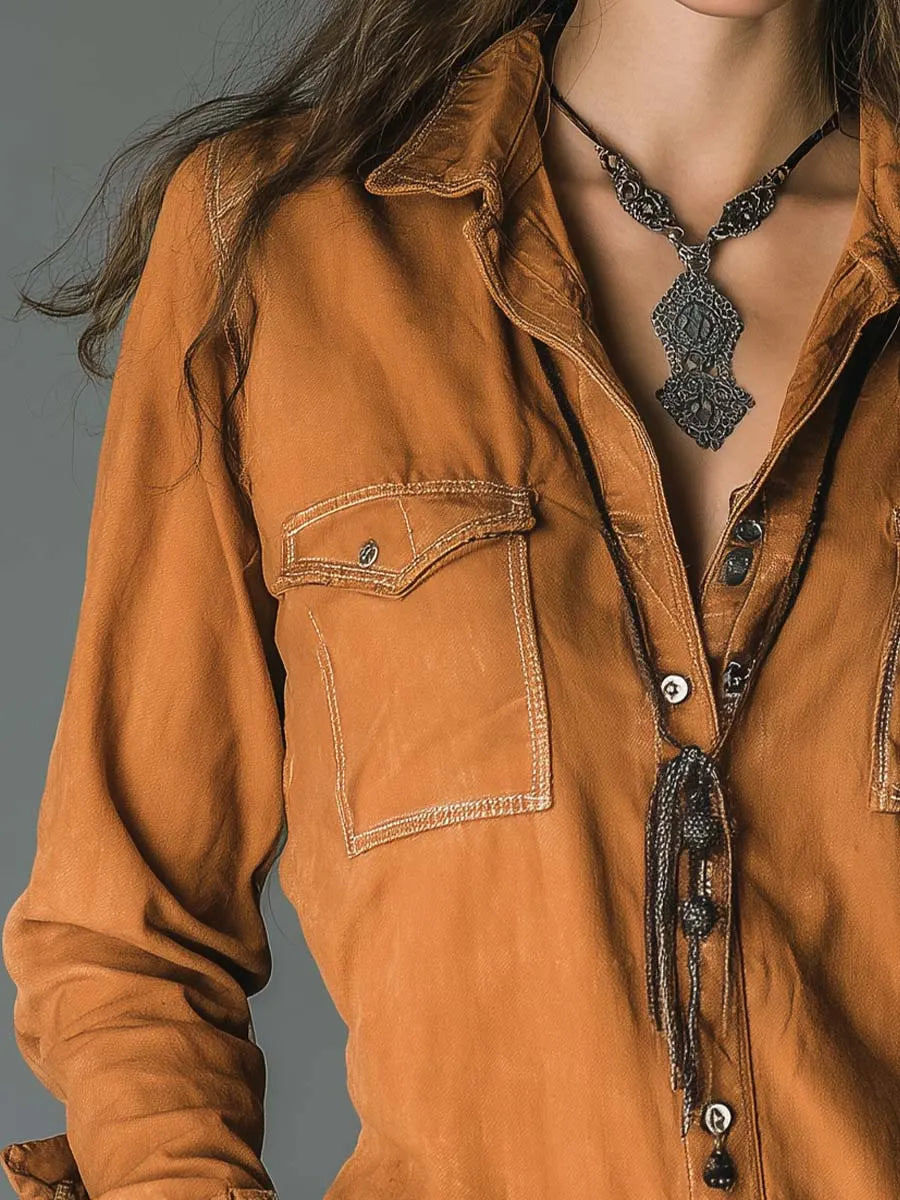Chemise utilitaire vintage en coton doux couleur caramel