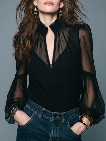 Blusa Vintage de Manga Lanterna com Painel de Chiffon e Zíper Frontal