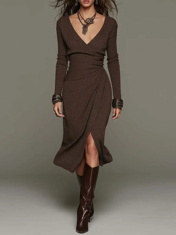 Vintage Dark Brown Shimmer Ribbed Knit Wrap Ruched Waist Front Split Midi Dress
