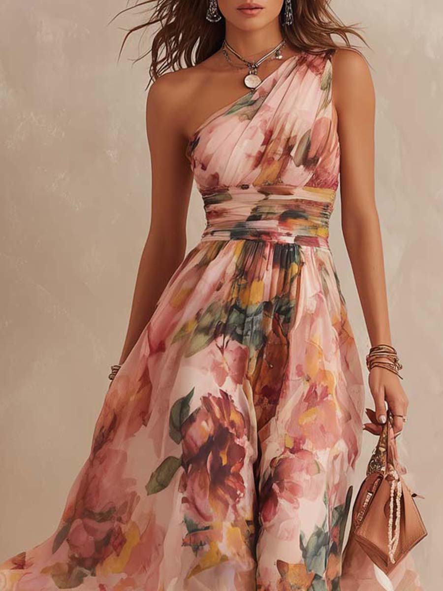 Robe midi en mousseline florale rétro asymétrique style peinture à l'huile