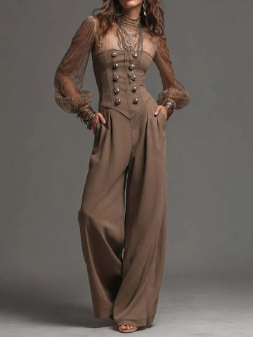 Turtleneck Vertical Stripe Sheer Mesh Puff Sleeve Corset Button Pocket Wide Leg Jumpsuit