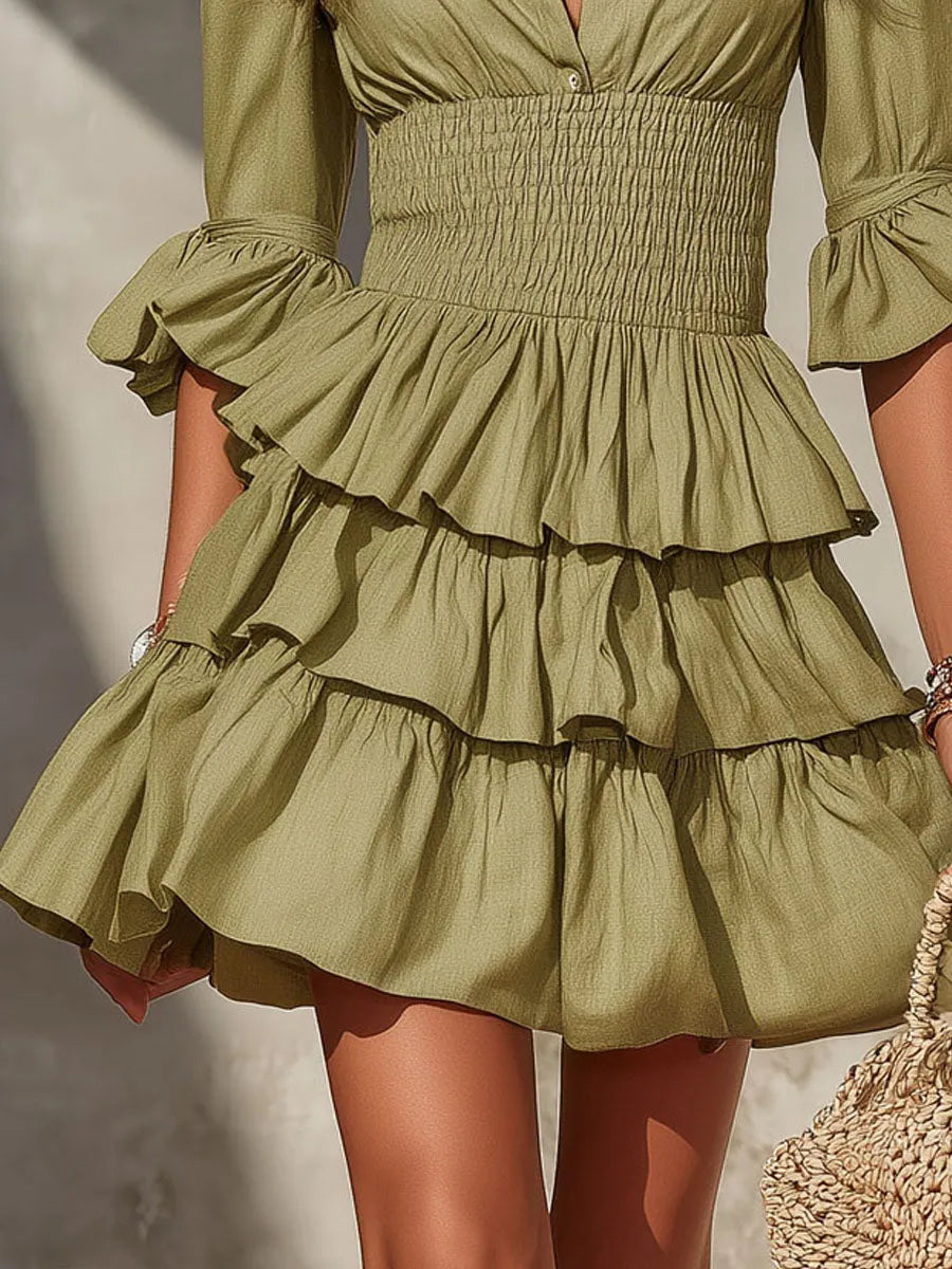 Boho Olive Tiered Collared Smocked Waist Ruffle Mini Dress