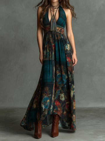Vestido Longo Frente Única com Estampa Retrô Boêmia em Patchwork