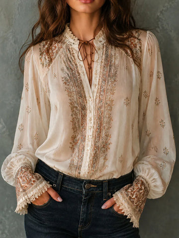 Blouse à imprimé cachemire bohème beige avec poignets en dentelle transparente
