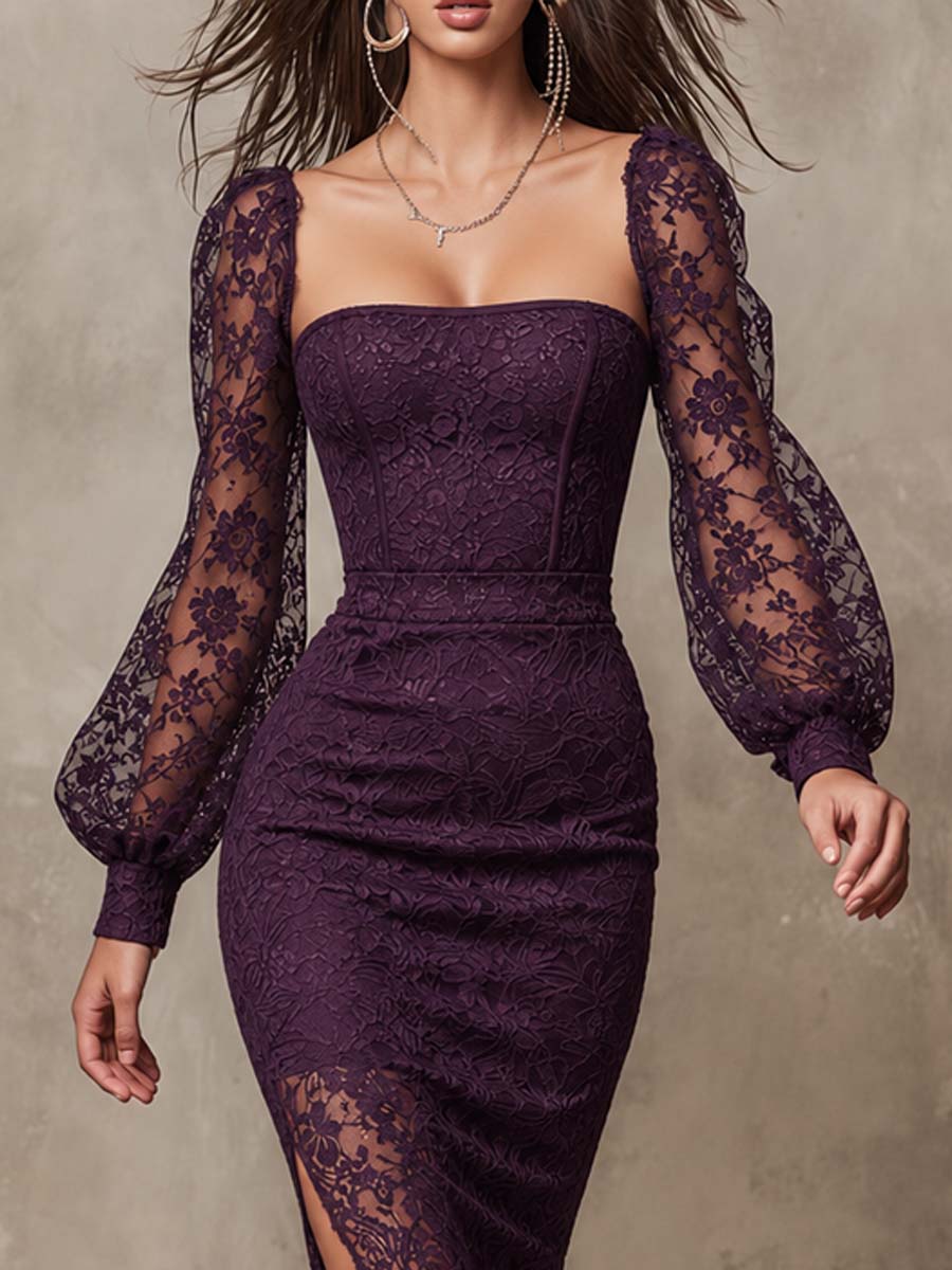 Robe midi élégante à col carré, manches bouffantes fendue et en dentelle