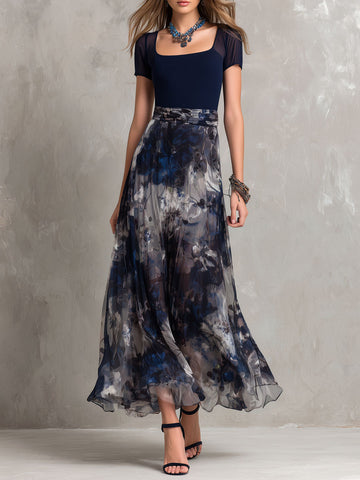 Vestido Longo Chiffon Floral Azul-Marinho Elegante Boho para Noite