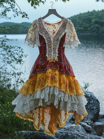 Vestido de Verão com Babados, Renda e Contraste de Cores 27c9