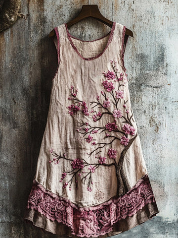 Vestido Regata Feminino de Linho com Bordado de Flor de Cerejeira 4902