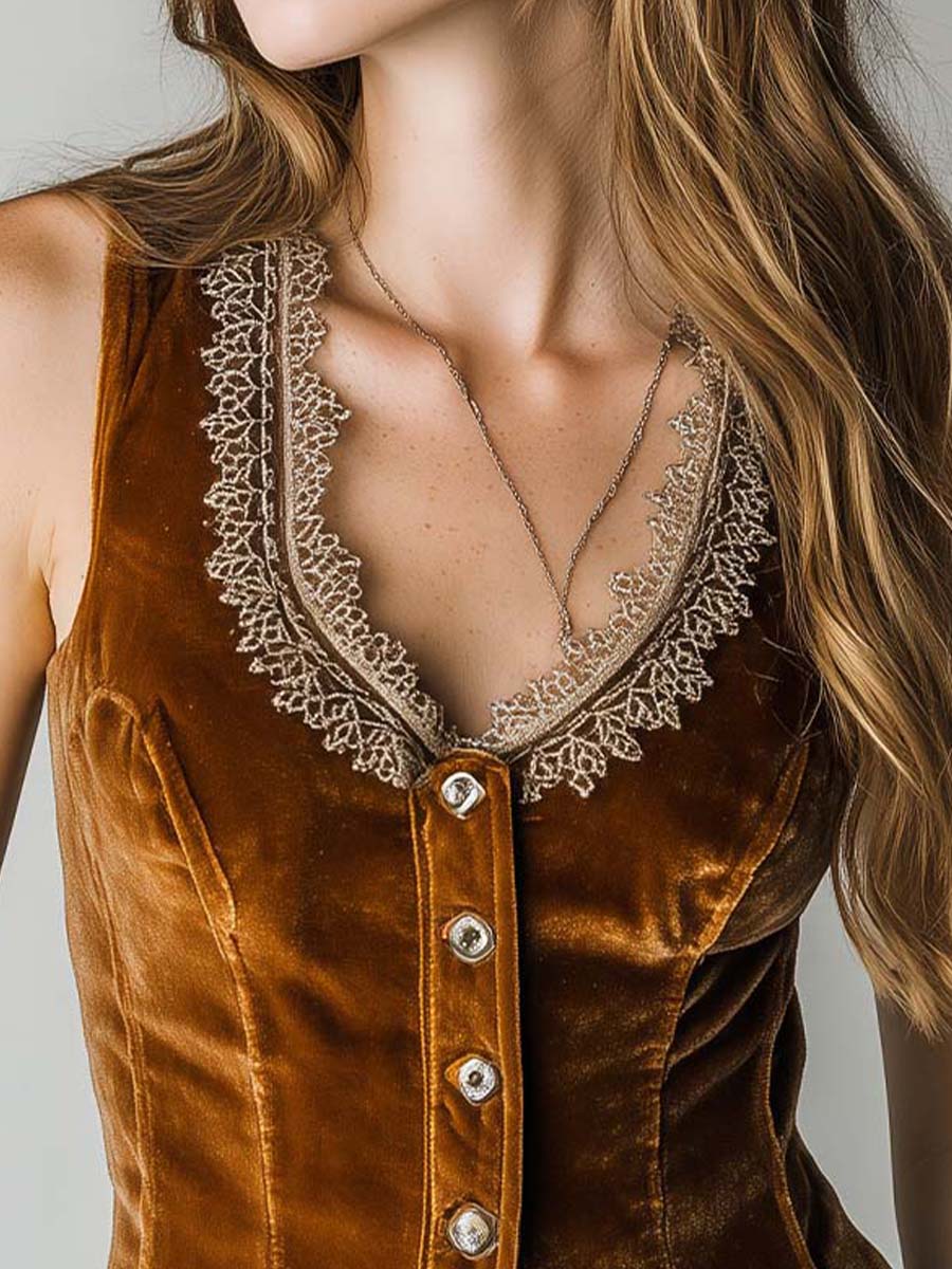 Gilet brodé en dentelle de velours couleur caramel