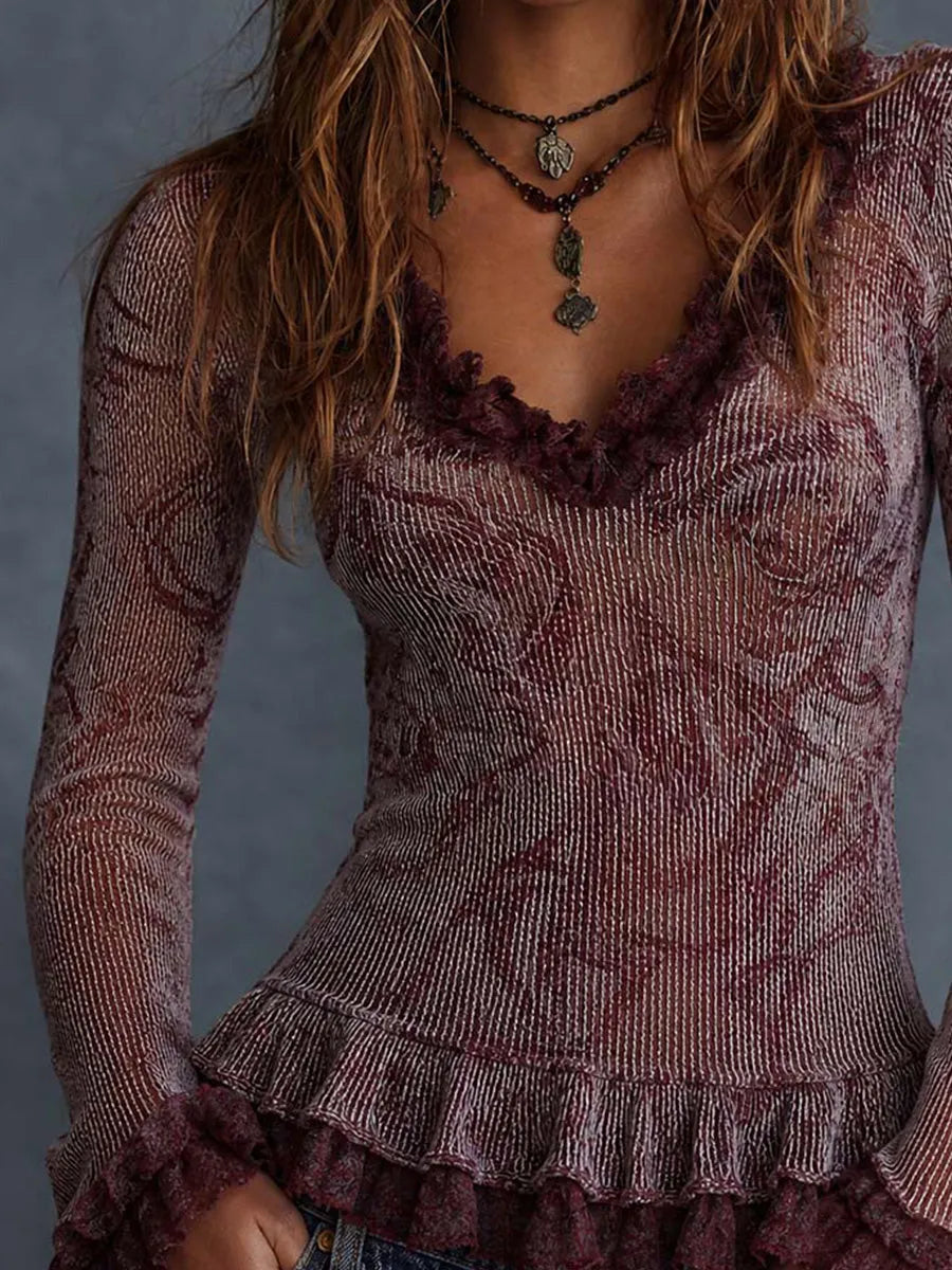 Top à volants froissé floral bordeaux