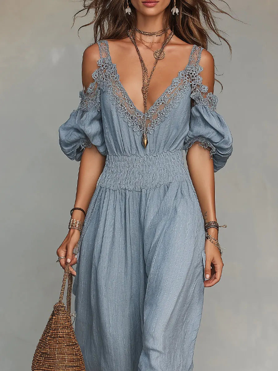 Boho Lace-Trimmed Off-Shoulder Wide-Leg Jumpsuit