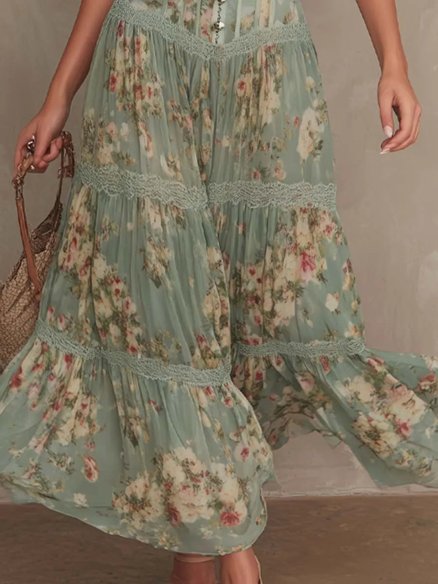 Retro Floral-Print Chiffon Corset Midi Dress