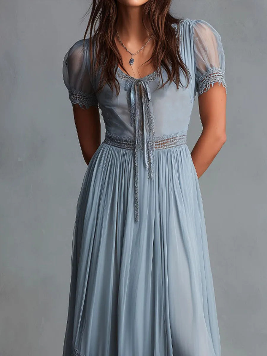Grace Dusty Blue Lace-Trimmed Chiffon Midi Dress