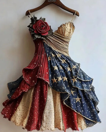 Vestido flor rosa com estampa temática do Dia da Independência e detalhes dourados 7418