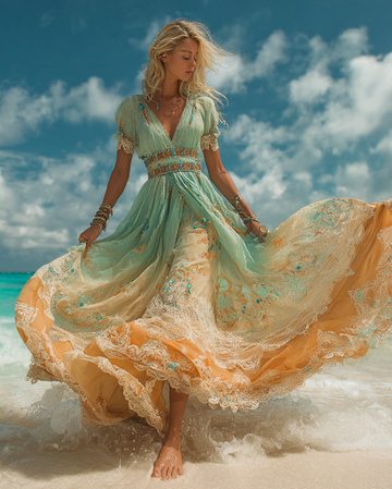 Vestido Ombre de Renda Turquesa Bordado Férias de Verão 1f16