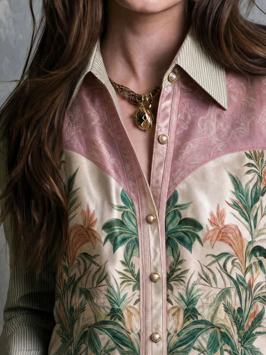 Chemise boutonnée à col rayé avec patchwork fleuri léopard jungle vintage