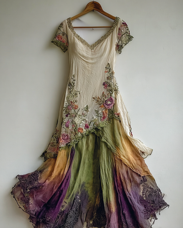 Vestido de Renda Elegante Verde e Roxo fa07