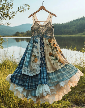 Vestido Patchwork Xadrez de Renda Feito à Mão para o Verão 8eca
