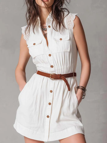 White Cotton Lace-Trimmed Sleeveless Shirtdress With Removable Belt