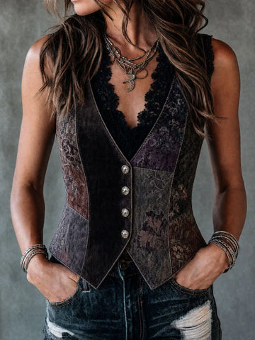 Gilet en velours boutonné imprimé floral patchwork bohème