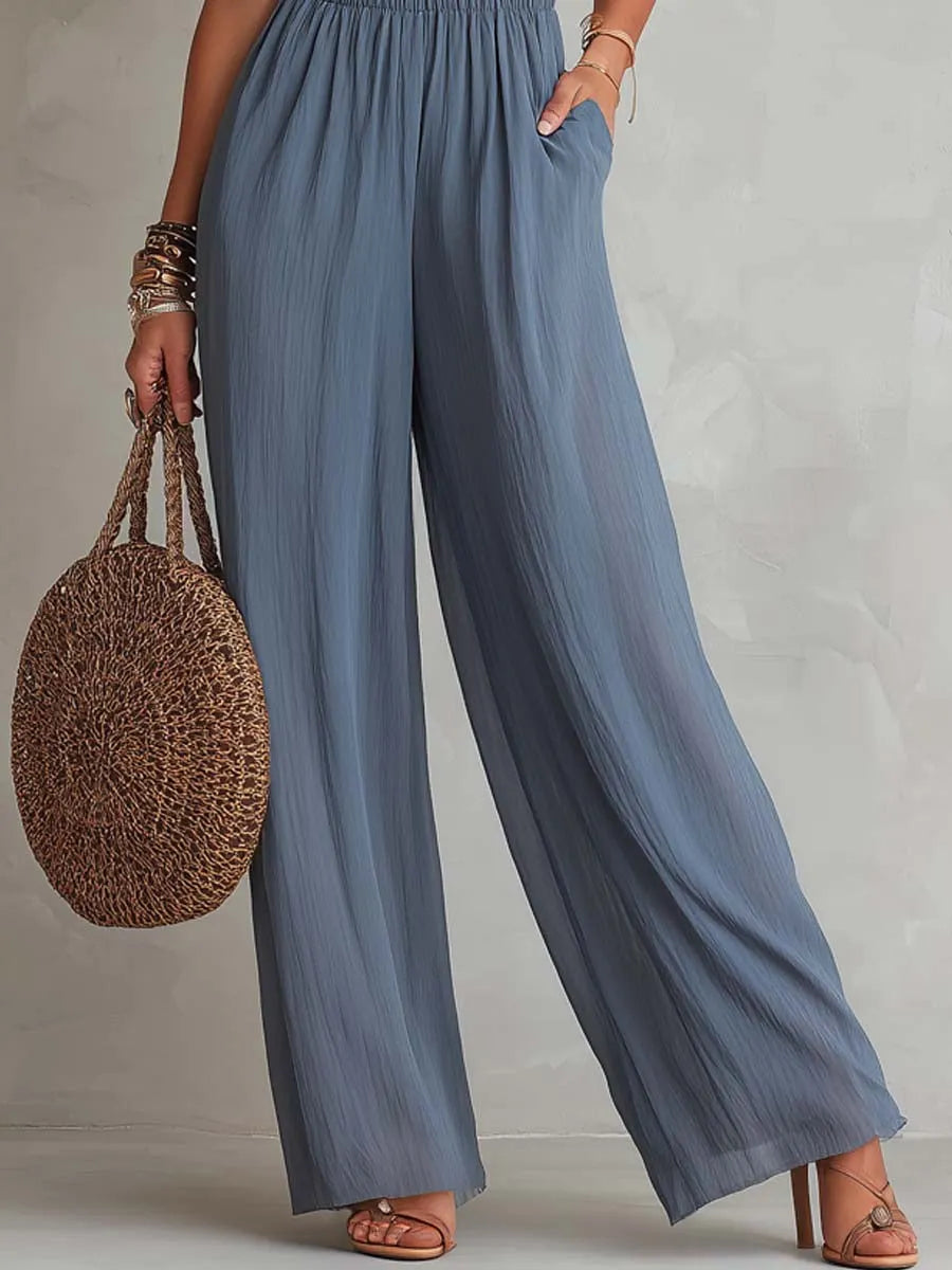 Retro Halter-Neck Texture Chiffon Jumpsuit