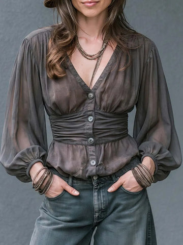 Camicetta Boho velata con scollo a V profondo, abbottonatura frontale e maniche a campana