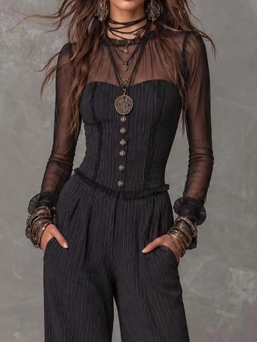 Combinaison tissée à fines rayures à larges jambes avec poches, corset sans bretelles à col montant et manches transparentes en maille boutonnées